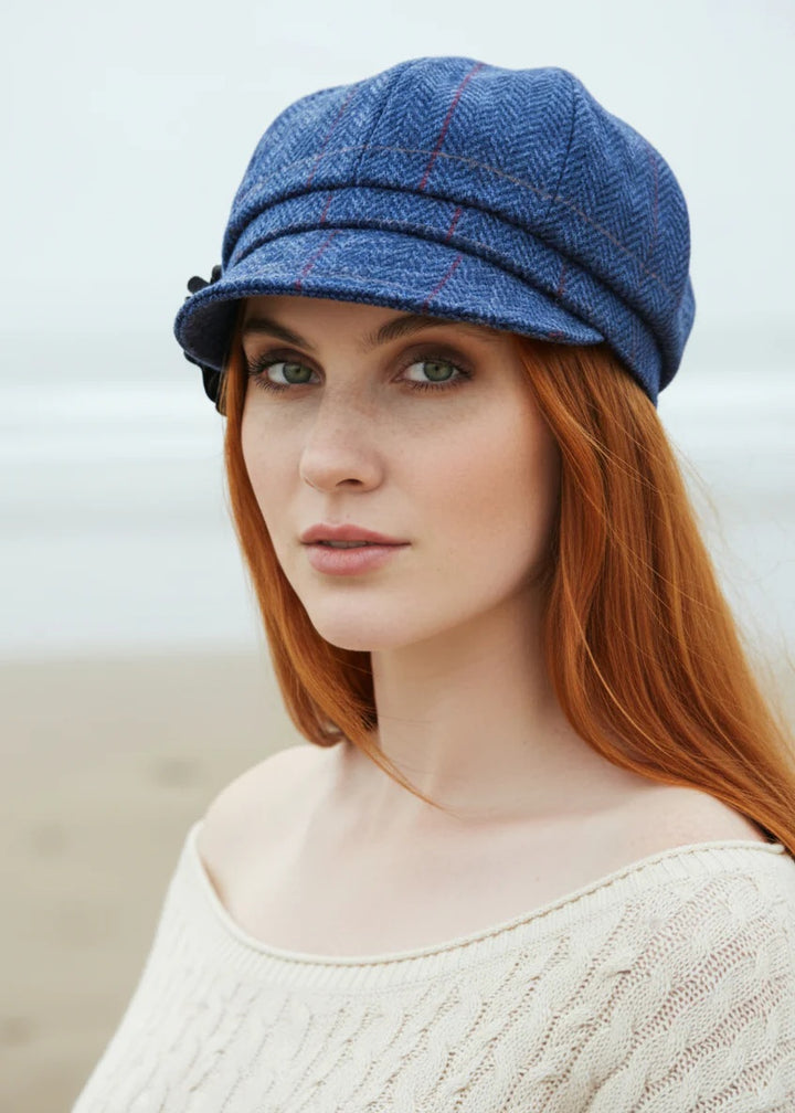 Blue and Red Plaid Herringbone Wool Newsboy Cap 110