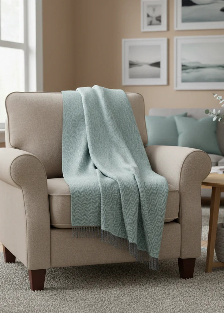 Duck Egg Herringbone Cashmere and Merino Throw 1423
