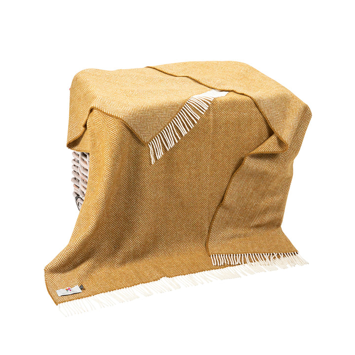 Mustard Yellow Herringbone Cashmere and Merino Throw 1427