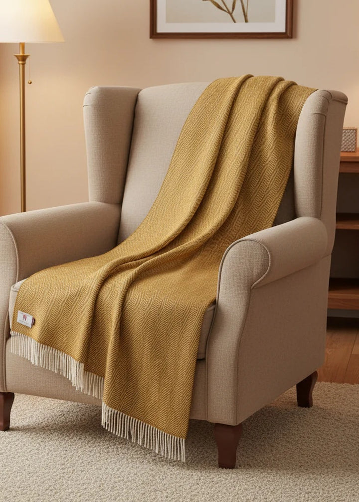 Mustard Yellow Herringbone Cashmere and Merino Throw 1427