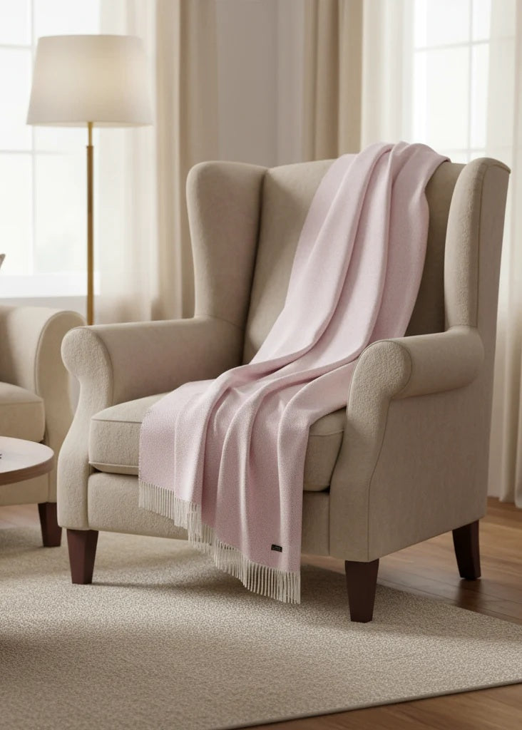 Light Pink Herringbone Cashmere and Merino Throw 1430