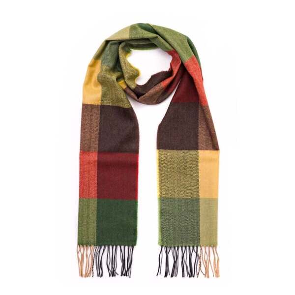 Yellow, Green and Brown Block Check Merino Scarf 145
