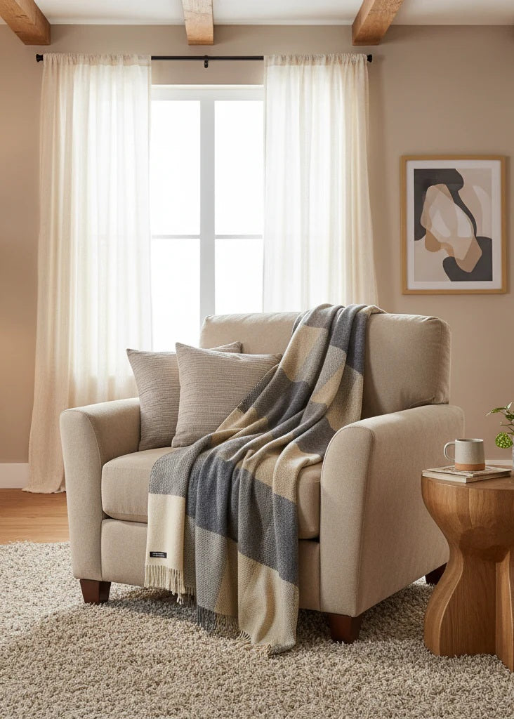 Cream & Charcoal Block Cashmere and Merino Throw 1473