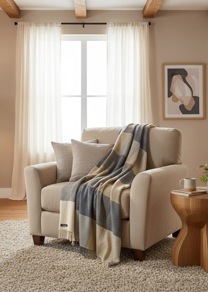 Cream & Charcoal Block Cashmere and Merino Throw 1473
