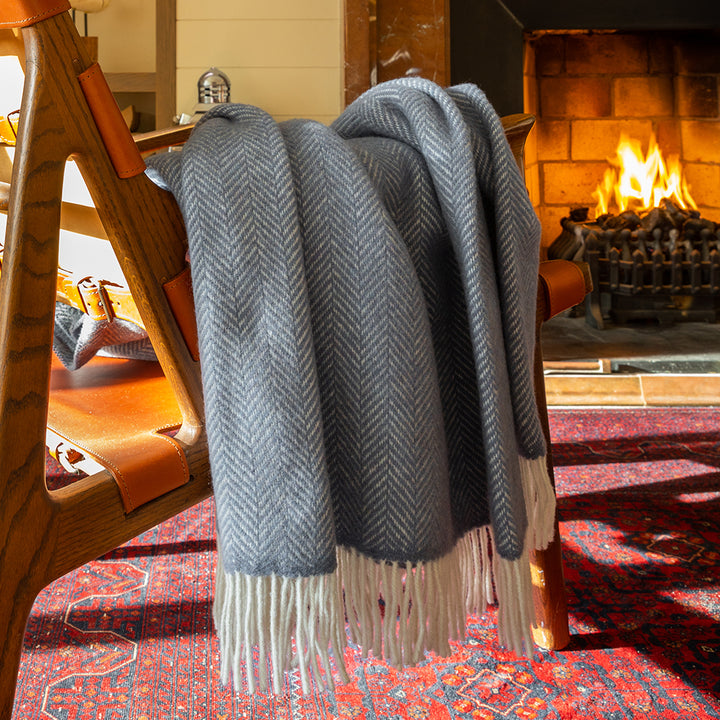 Grey Herringbone Cashmere and Merino Throw 1474