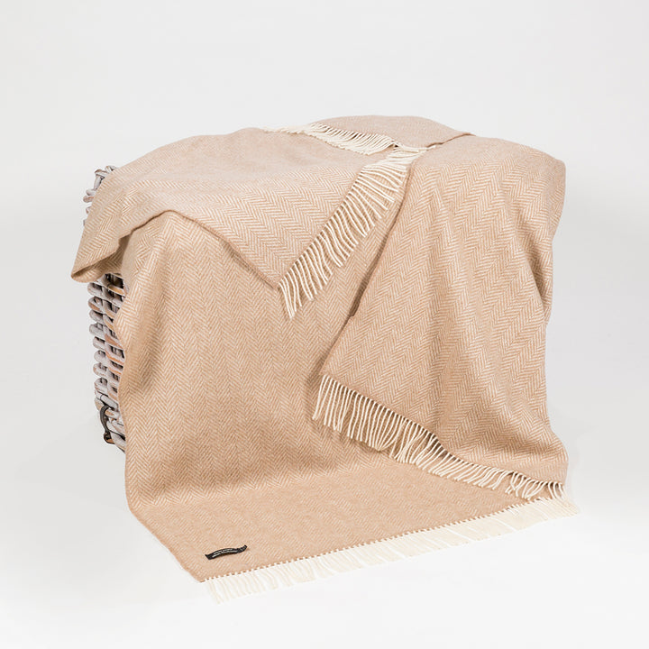 Beige Herringbone Cashmere and Merino Throw 1475