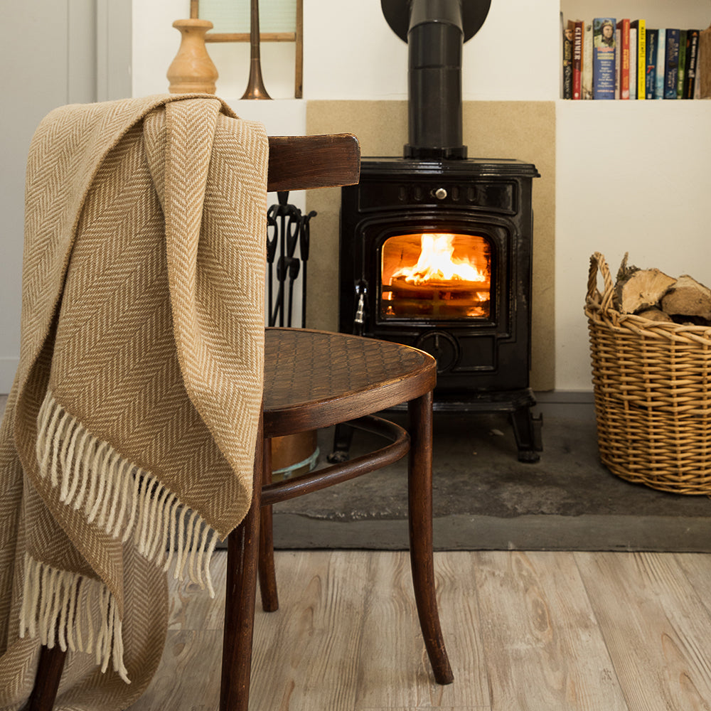 Beige Herringbone Cashmere and Merino Throw 1475