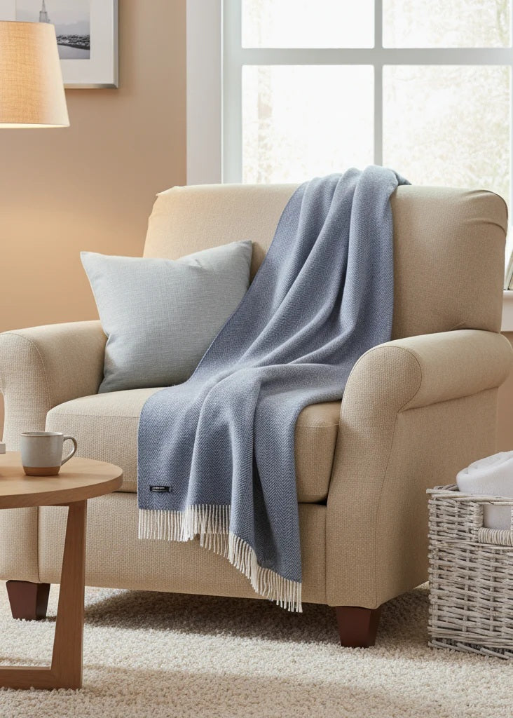 Blue Herringbone Cashmere and Merino Throw 1476