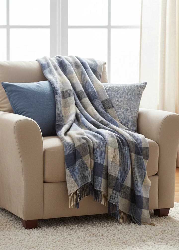 Blue & Cream Block Cashmere and Merino Throw 1484