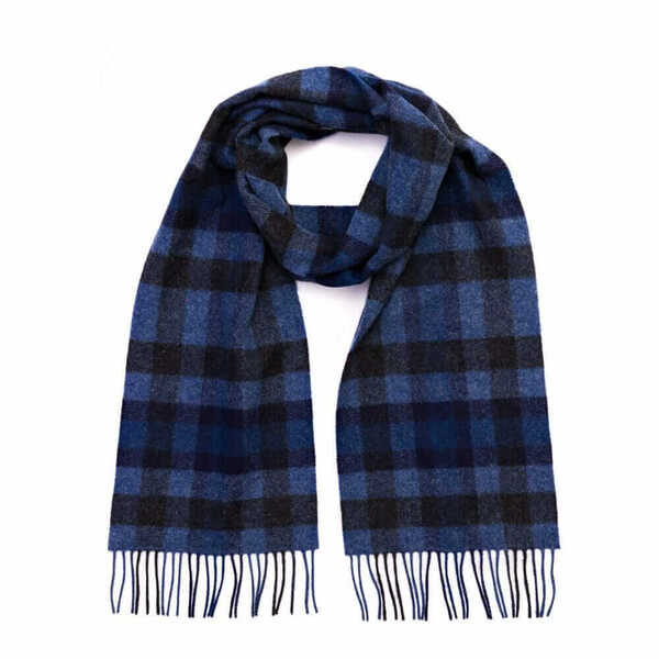 Long Navy Blue Grey Check Lambswool Scarf 1928