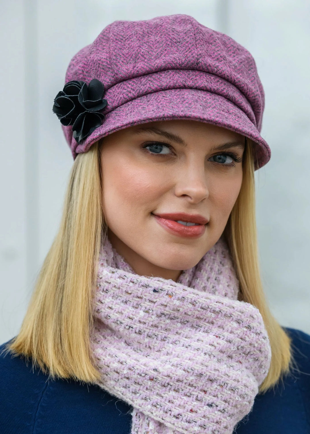 Pink and Grey Herringbone Wool Newsboy Cap 193