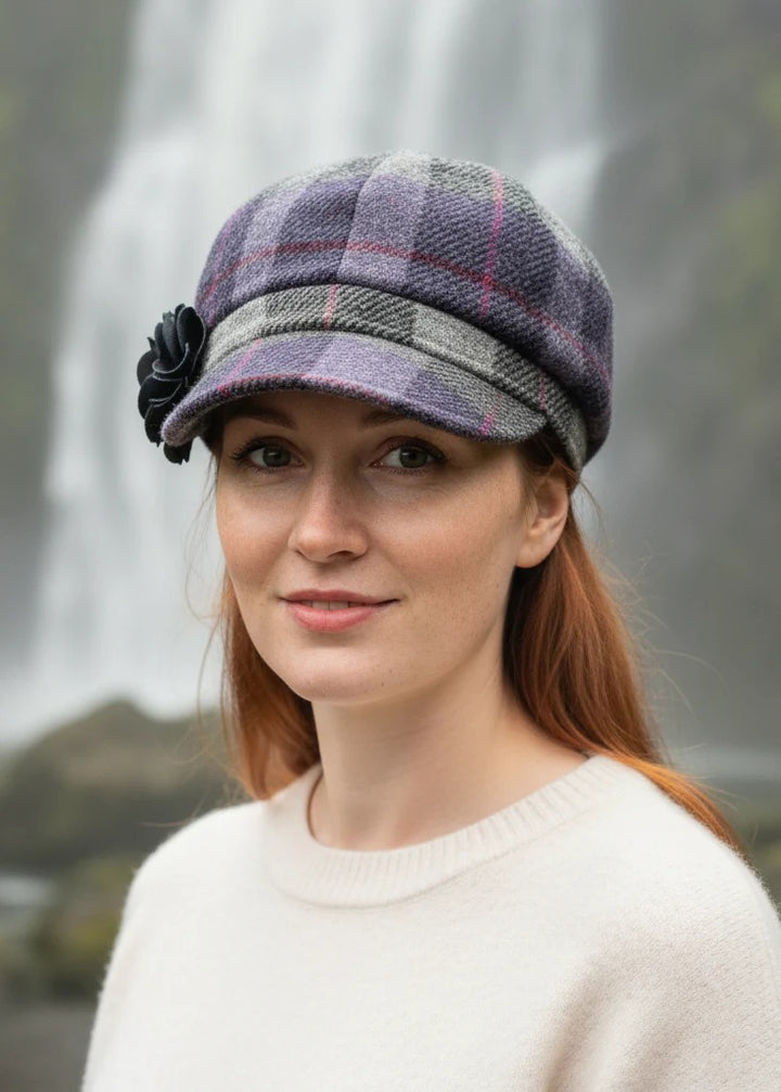 Grey and Purple Plaid Wool Newsboy Cap 38