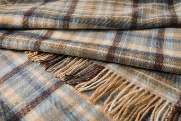Blue, Cream and Brown Check Lambswool Throw 664