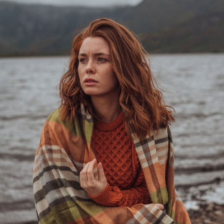 Green, Brown and Orange Plaid Merino Scarf 752