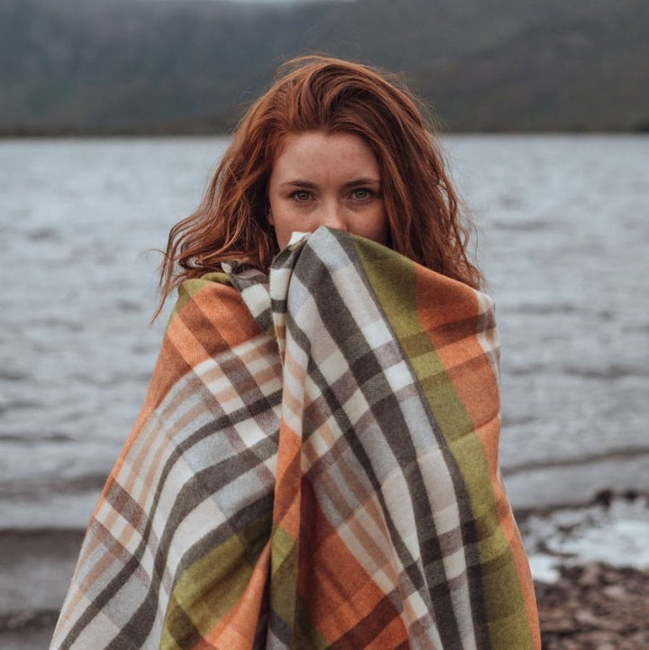 Green, Brown and Orange Plaid Merino Scarf 752