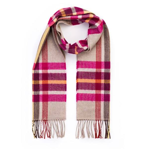 Pink, Wine, Orange and Stone Check Merino Scarf 808