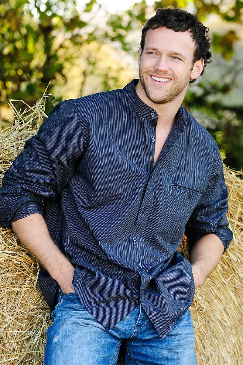 Navy and White Stripe Cotton Grandfather Shirt FL18