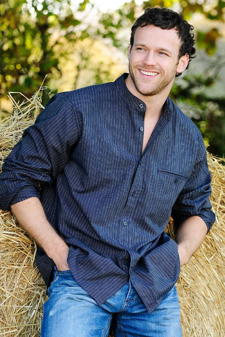 Navy and White Stripe Cotton Grandfather Shirt FL18