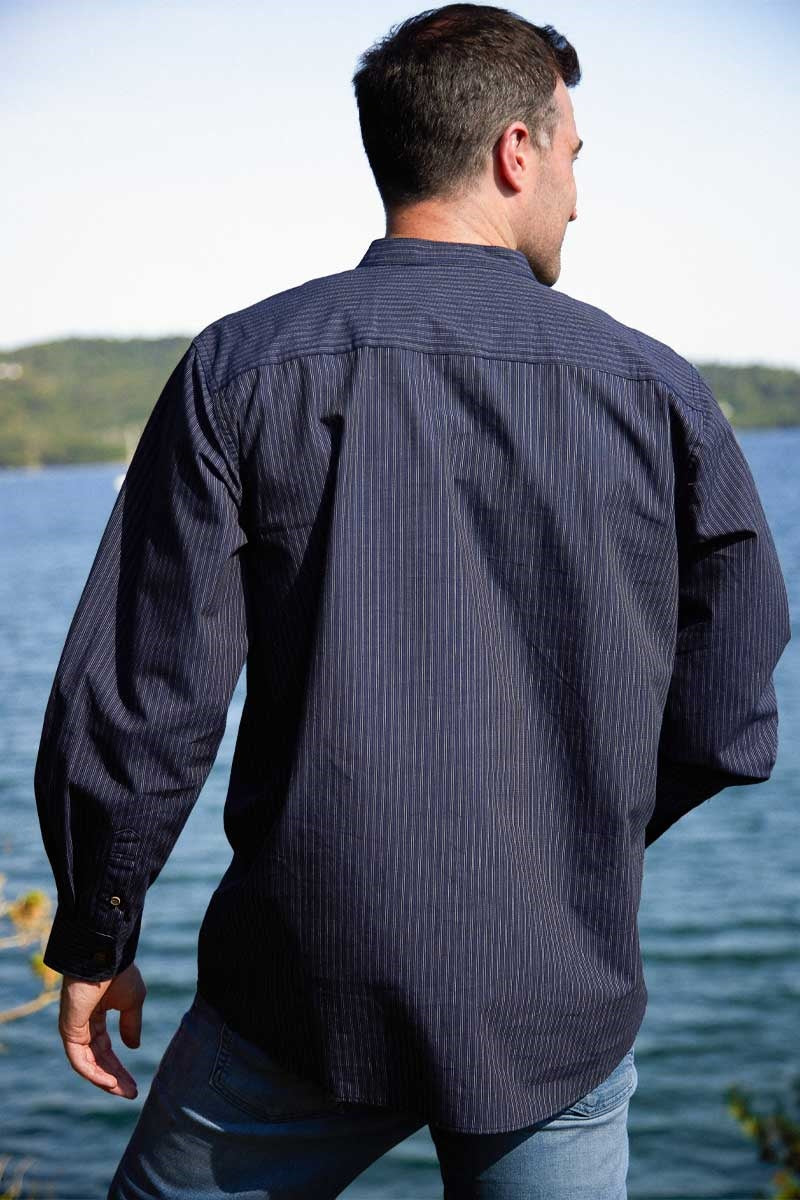 Navy and White Stripe Cotton Grandfather Shirt FL18