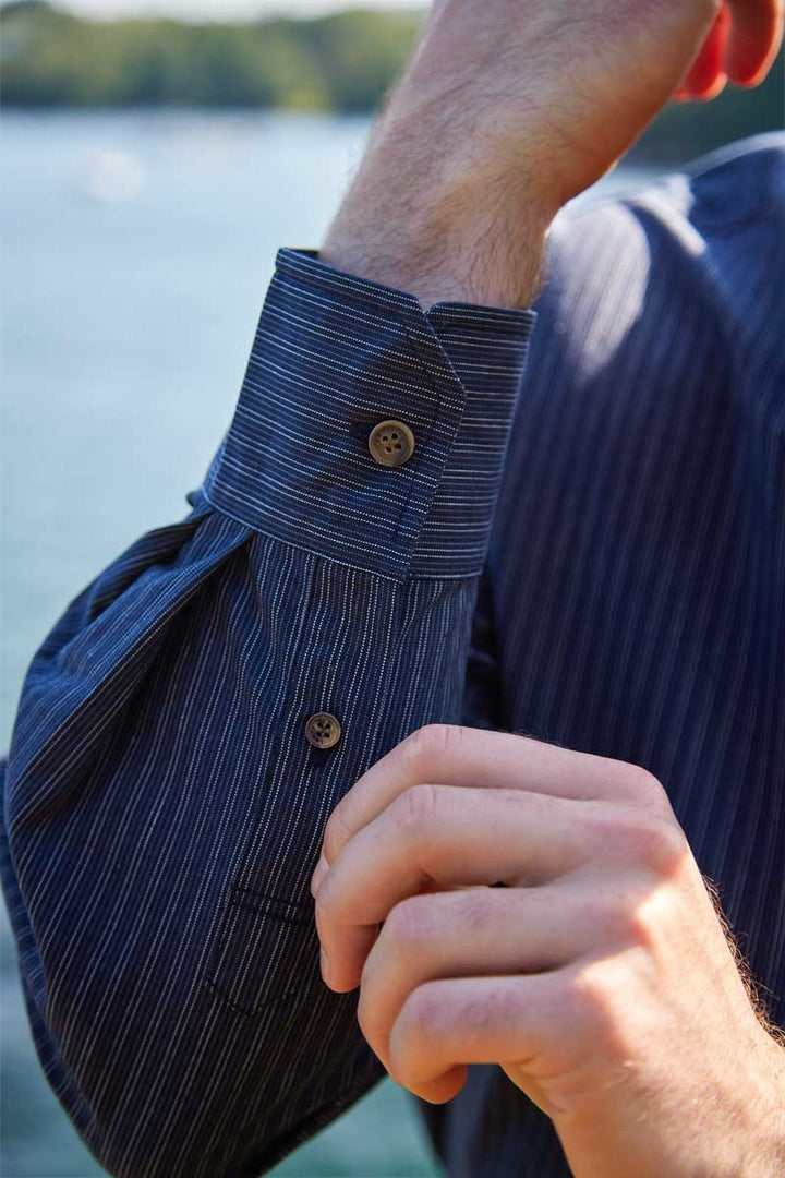 Navy and White Stripe Cotton Grandfather Shirt FL18