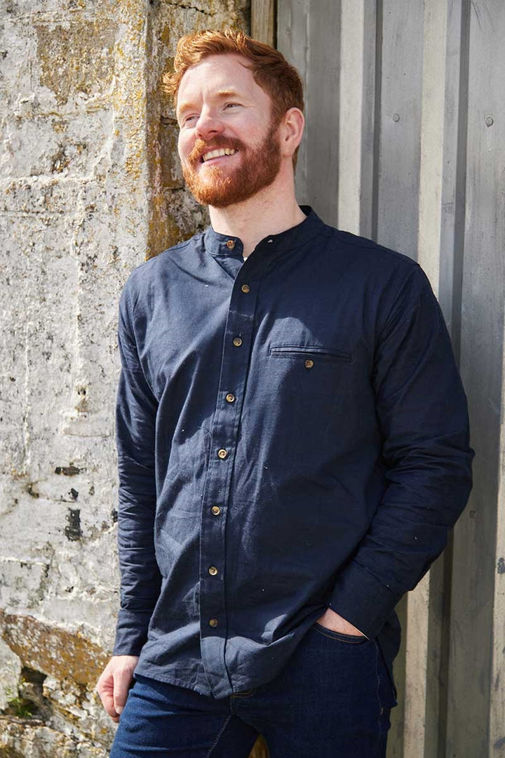 Navy Linen Grandfather Shirt LN9