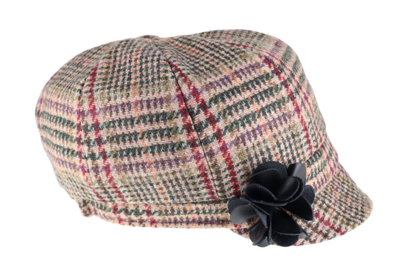 Red, Green and Beige Houndstooth Wool Newsboy Cap 391