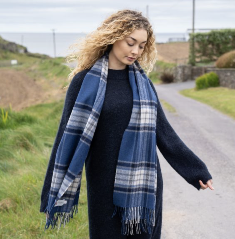 Blue, Navy and White Plaid Merino Scarf 787