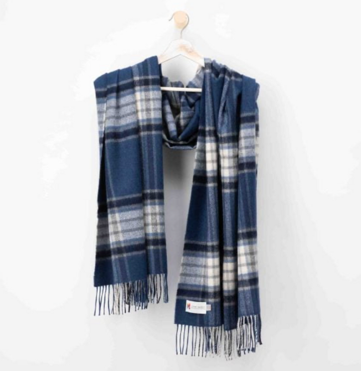 Blue, Navy and White Plaid Merino Scarf 787