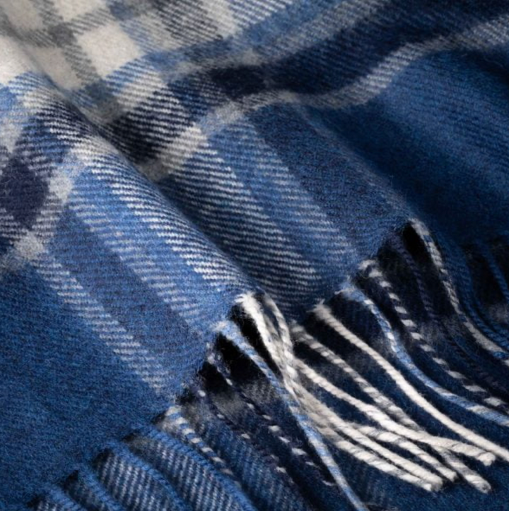 Blue, Navy and White Plaid Merino Scarf 787