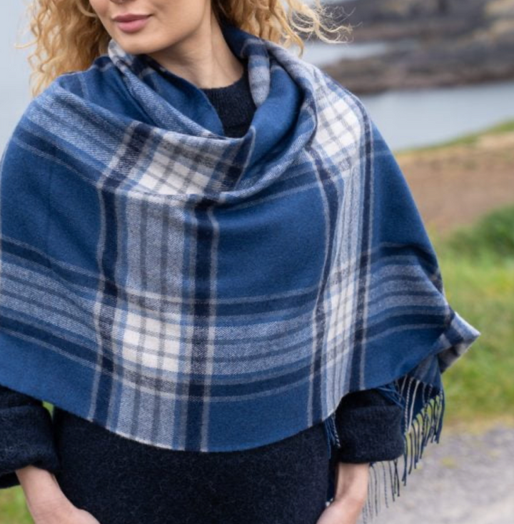 Blue, Navy and White Plaid Merino Scarf 787