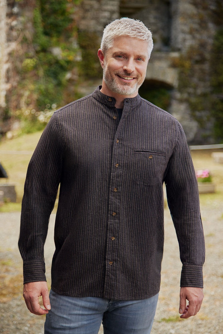 Black and Red Stripe Cotton Grandfather Shirt FL10