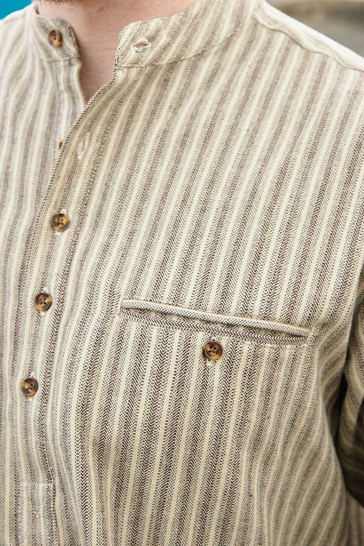 Beige, Green and Maroon Stripe Flannel Grandfather Shirt LV14 FINAL SALE