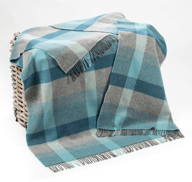 Turquoise & Grey Check Cashmere and Merino Throw 1435