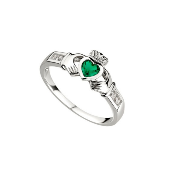 Sterling Silver Synthetic Emerald Claddagh Ring S2594